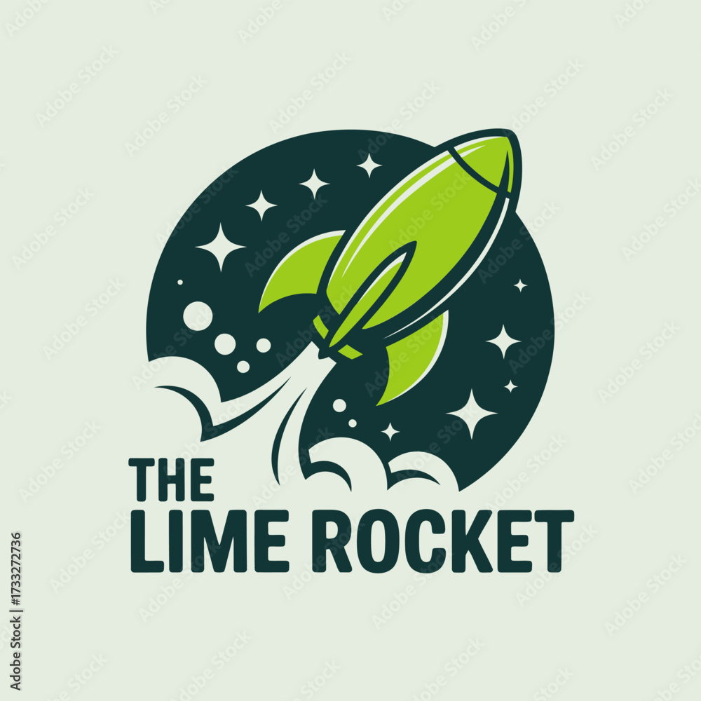 Fototapeta premium lime rocket logo, citrus spaceship launch, starry badge concept, fresh energy branding, playful retro style, creative beverage vector