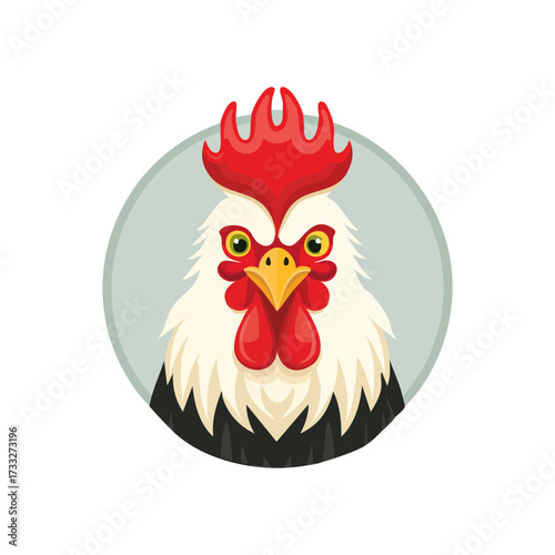 A vector illustration of a rooster's head with a red comb, white and black feathers, and a yellow beak, set against a light gray circular background.