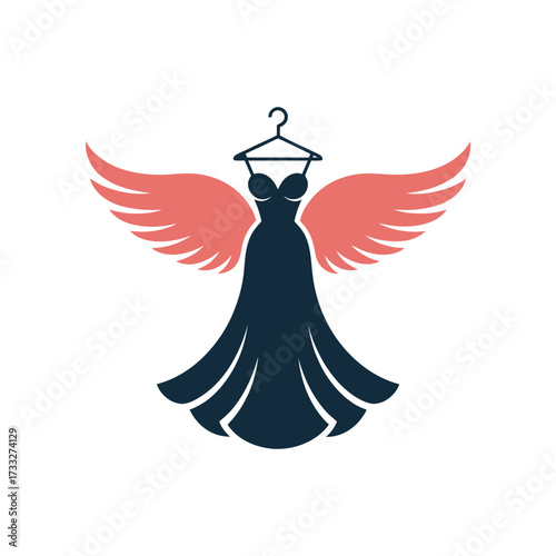 navy winged dress silhouette, coral red feathers, elegant hanger icon, classy evening wear emblem, premium fashion vector
