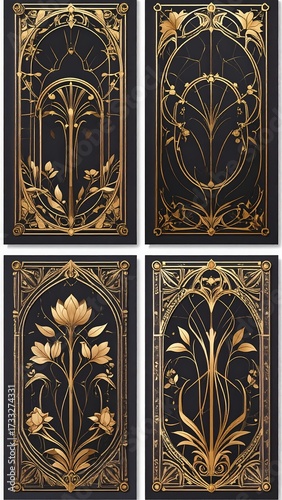 Art Deco-style tarot cards.  Golden floral patterns