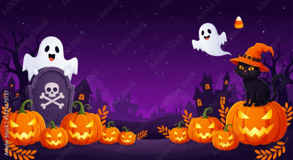 Fototapeta premium Spooky halloween scene with carved pumpkins, ghosts, and a black cat on a purple background