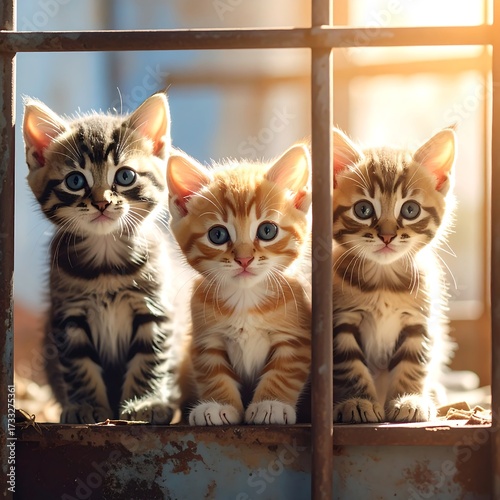 Three kittens behind a fence