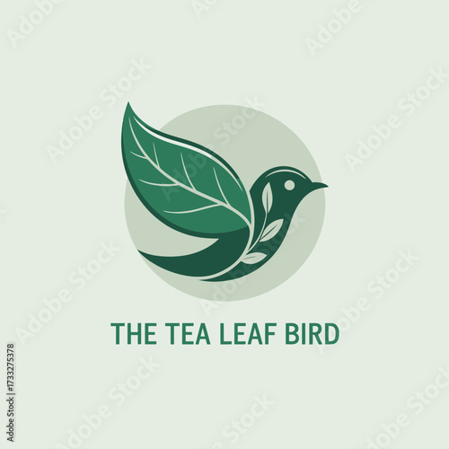 Tea leaf bird emblem, circular background, elegant green sparrow formed by leaves, organic beverage branding, calming wellness vector