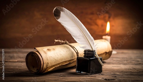 Aged scroll and quill pen on rustic wooden surface