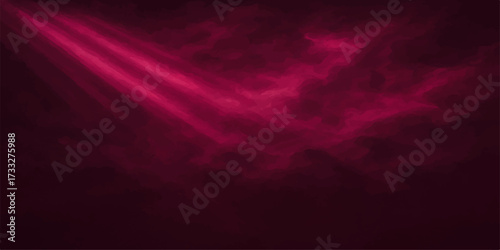Abstract red and pink rays burst across a dramatic, dark sky with stormy clouds