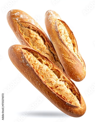 Three loaves of artisanal bread in mid-air