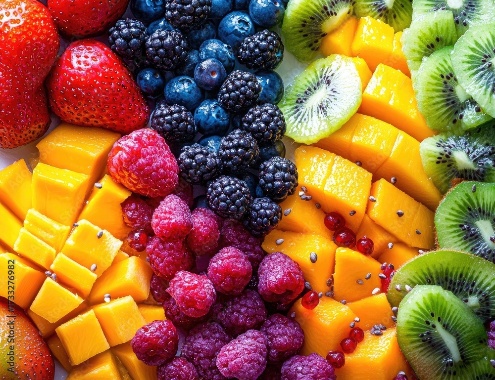Obraz premium Bright, colorful array of assorted fresh cut fruits
