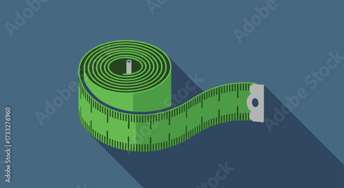 A green measuring tape unfurled with a long shadow cast on a dark blue background.