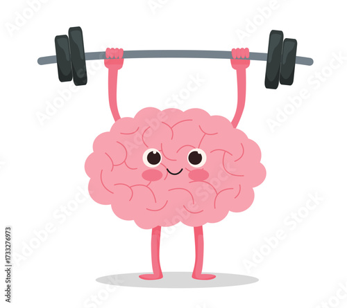 Cute strong brain character lifting up weight barbell for brain training exercise concept

