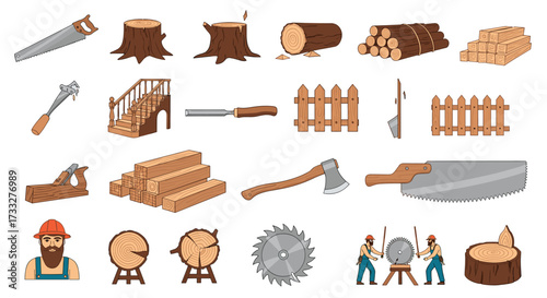 Collection of logging and woodworking tools and materials.