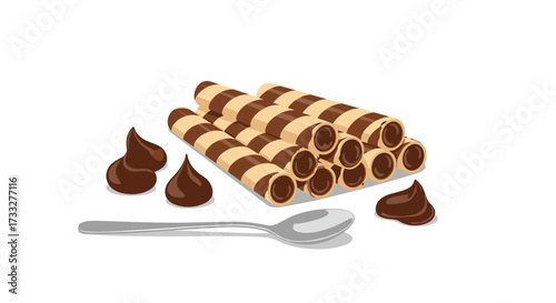A stack of striped chocolate wafer cookies with a spoon and chocolate chips.