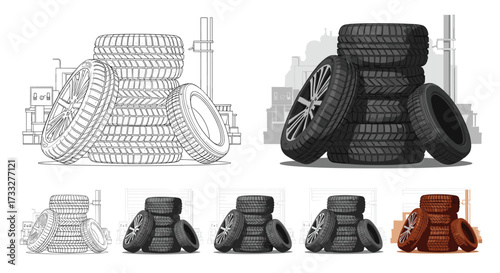 Collection of different kinds of vehicle tires stacked up for display.