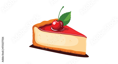 Delicious slice of cheesecake with cherry topping and a green leaf.
