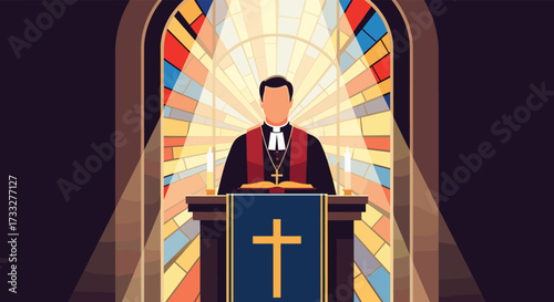 A religious leader stands at a pulpit in a church during a sermon.