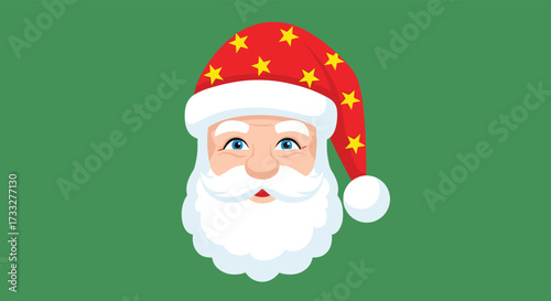 A festive close-up of Santa Claus's smiling face wearing a red hat decorated with golden stars.