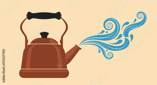 A classic stovetop kettle is shown with steam billowing out of its spout onto a pale yellow background.