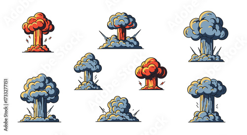 A collection of pixel art mushroom cloud explosions creating a visually striking scene.