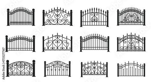 An assortment of decorative wrought iron fence sections with intricate designs and varying patterns.