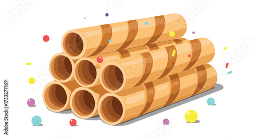 Delicious golden wafer rolls stacked high with colorful sprinkles making them look festive.