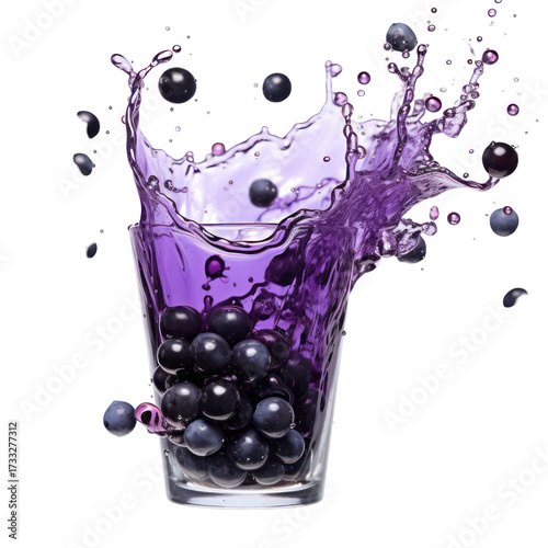 Purple liquid splash with berries in a glass