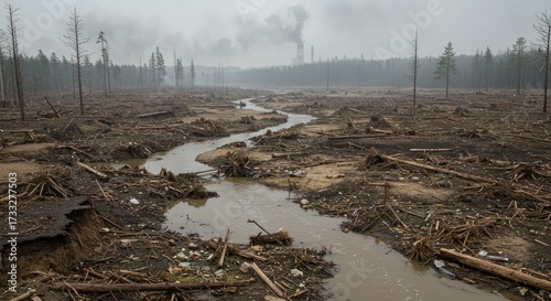 Devastated Forest Landscape with Polluting Factory Smoke