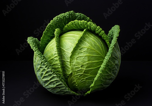 Studio shot of a fresh savoy cabbage highlighting its vibrant green leaves and textures against