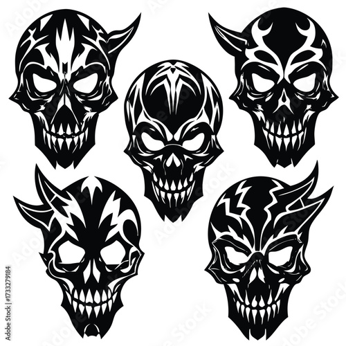 Tribal skull vector illustration set fearsome designs scalable eps for graphic projects isolated on white background