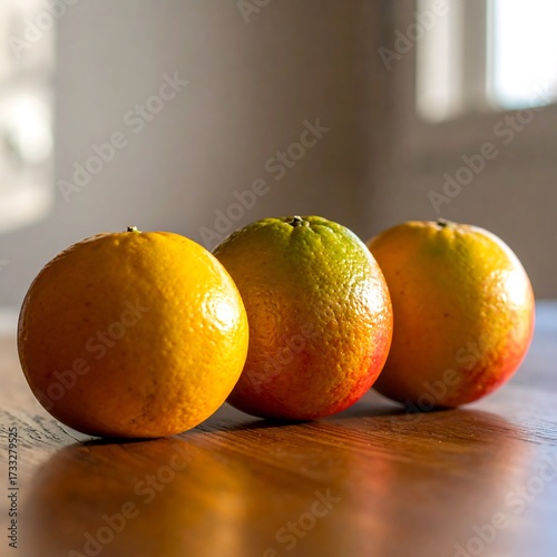 Three oranges on a table