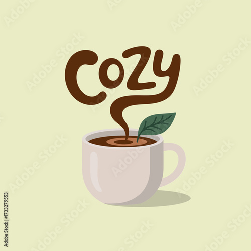 cozy steaming coffee cup, handwritten vibe lettering, warm home cafe mood, morning comfort drink, inviting seasonal vector artwork