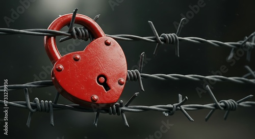 Symbolic representation of love's challenges heart shaped padlock entwined with barbed wire fence