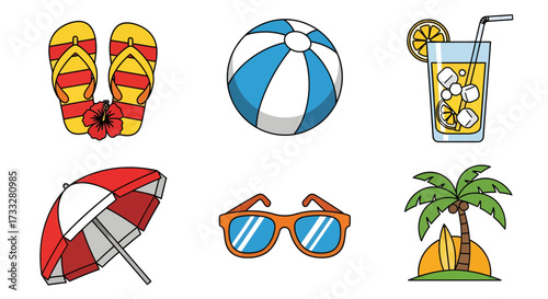 Summer Vacation Icons Beach Essentials Set featuring Flip-Flops, Ball, Iced Drink, Umbrella, Sunglasses, Tropical Palm Tree Vector Graphics
