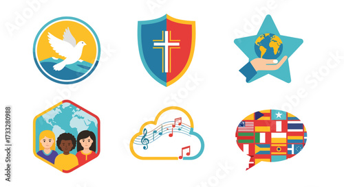 Collection of six diverse vector icons representing peace, faith, community, music, globalism, and diversity