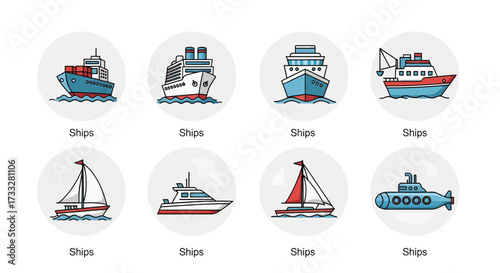Colorful vector icons of ships, boats, and submarines. Diverse water transportation for marine, travel, and navigation designs