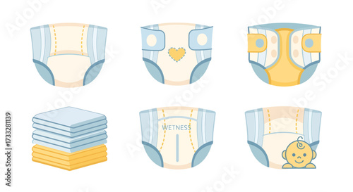 Collection of baby diapers and infant care items, including different disposable nappy designs, soft cloths, and a cute baby icon, ideal for parenting and newborn content