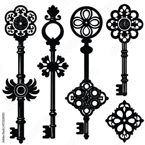 Antique skeleton keys ornate victorian metal decorative vintage door lock opener vector set isolated on white background