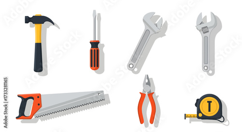 Comprehensive Set of Essential Hand Tools for Home Improvement, Construction, and Repair Projects, Featuring Flat Design Vector Illustrations