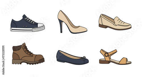 Vector illustrations of various men's and women's shoes sneakers, high heels, boots, flats, loafers, sandals. Essential footwear styles for diverse fashion