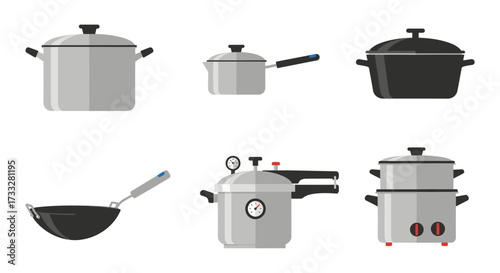 Collection of kitchenware including pots, pans, and a pressure cooker for cooking and culinary purposes