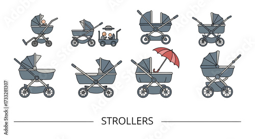Modern vector illustration collection of diverse baby strollers and prams, designed for convenient infant mobility, comfortable parenting, and stylish outdoor travel
