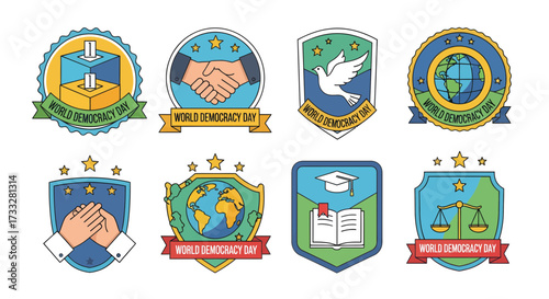 Set of illustrative flat design badges symbolizing core democratic values such as voting, human rights, peace, education, justice, and global civic engagement