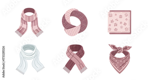 Diverse fashion accessories vector set various neck scarves and stylish bandanas. Illustrations showcasing different designs, patterns, and knots for a chic and cozy appeal