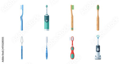 A comprehensive array of diverse oral hygiene tools, illustrating different types of manual and electric toothbrushes essential for complete dental care and health