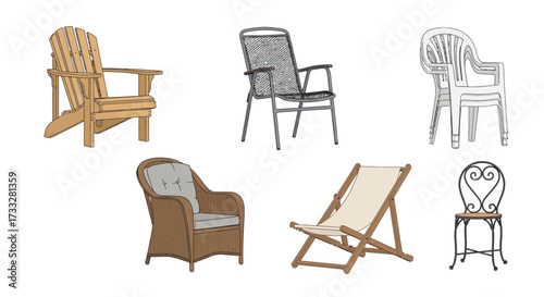 A diverse collection of outdoor and patio chairs, including classic Adirondack, wicker, metal, plastic, and foldable canvas designs, perfect for garden seating and leisure