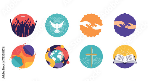 Diverse collection of spiritual and religious icons symbolizing faith, community, hope, and worship, perfect for Christian and interfaith concepts