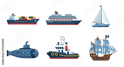 Comprehensive vector set of diverse water vessels. Includes cargo ship, cruise liner, sailboat, submarine, tugboat, and pirate ship. Ideal for marine transport concepts
