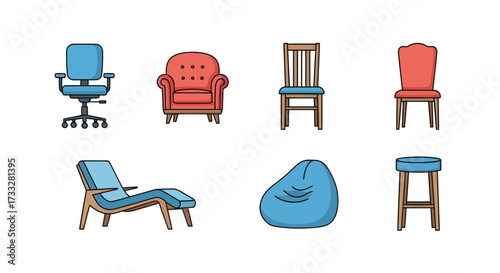 Modern flat design vector icons office chairs, armchairs, recliners, bean bags, dining chairs, and stools. Ideal for interior design and home decor