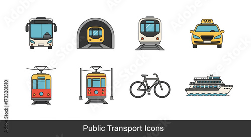 A vibrant collection of diverse public transport icons, illustrating various urban and long-distance travel methods for modern city navigation and journey planning