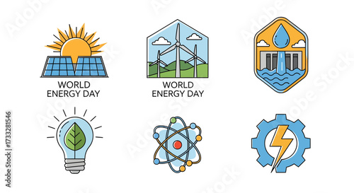 Modern vector icons illustrating diverse energy sources. Includes sustainable solar, wind, hydroelectric power, plus symbols for atomic science and industrial electricity generation