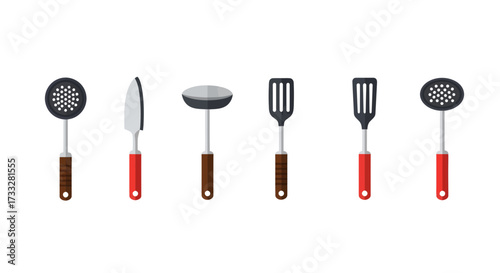 Essential Kitchen Utensils Set for Culinary Exploration and Food Preparation, Showcasing a Collection of Cooking Tools in Modern Flat Vector Illustration