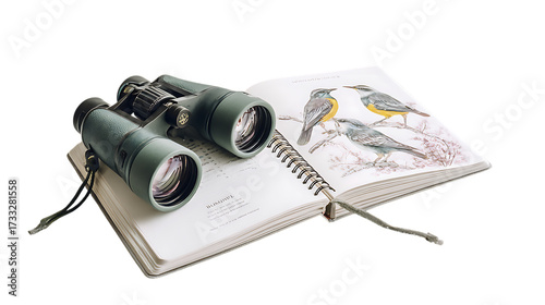 Binoculars resting on an open bird watching journal, isolated on transparent background